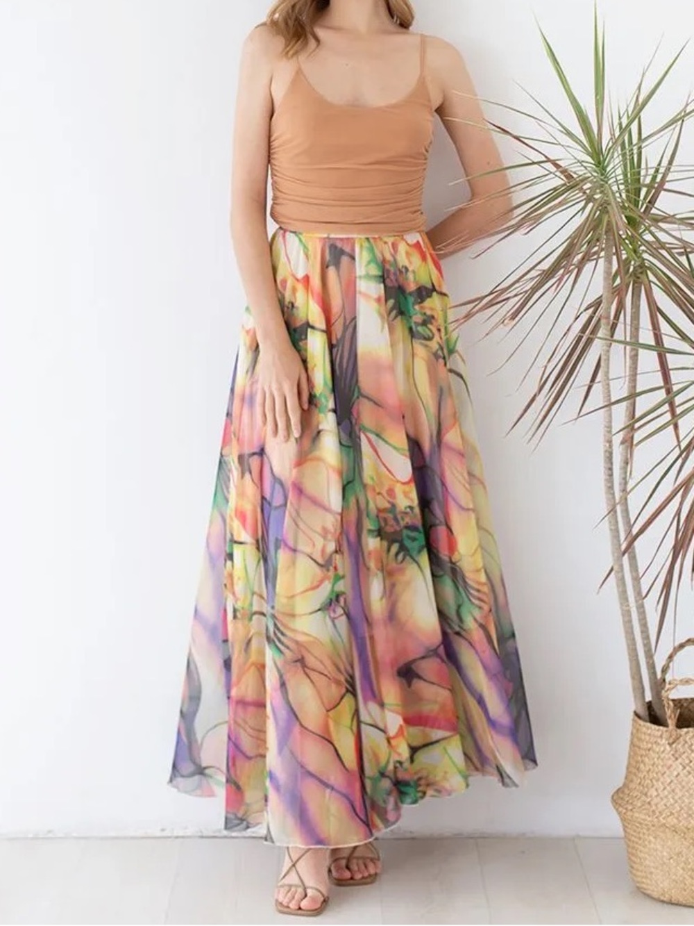 Chicwish Richly Tinting Watercolor Chiffon Maxi Skirt M/L